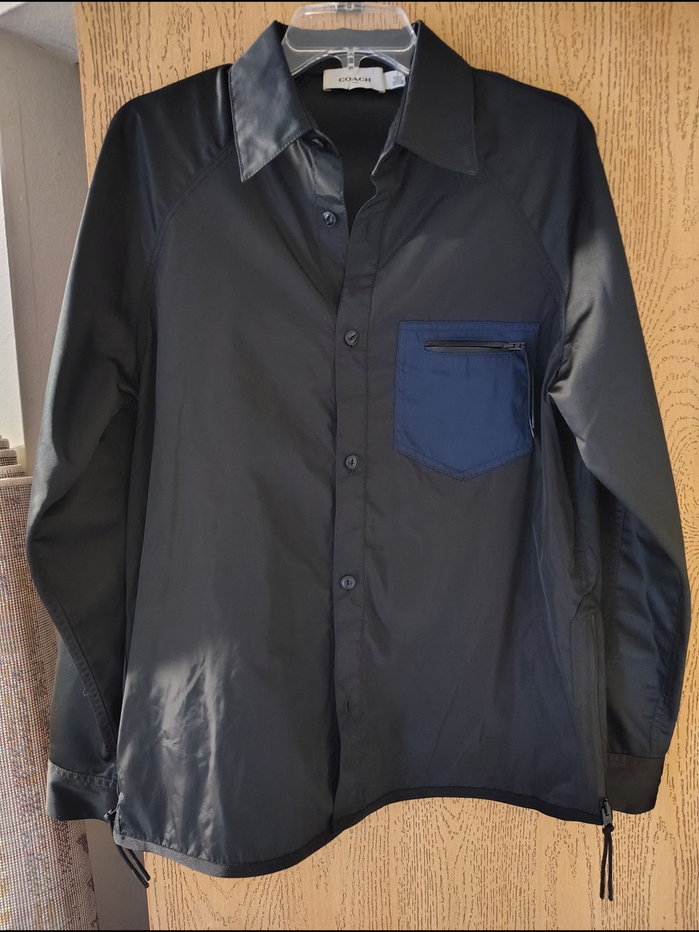 Coach Men’s Black Button-Front Jacket with Navy Chest Pocket